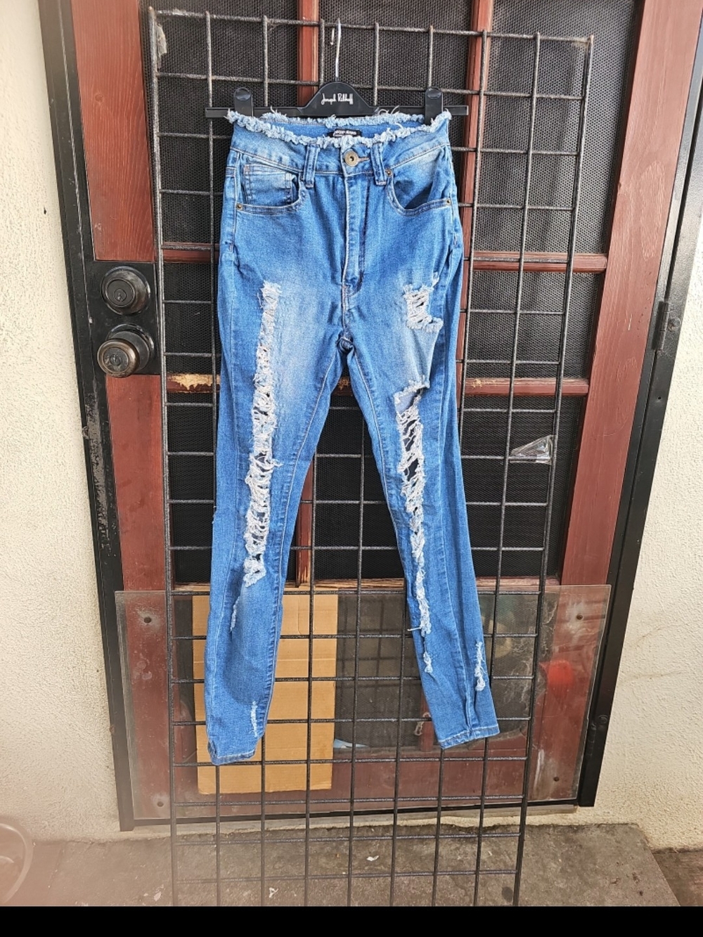 High-Rise Distressed Skinny Jeans — Blue